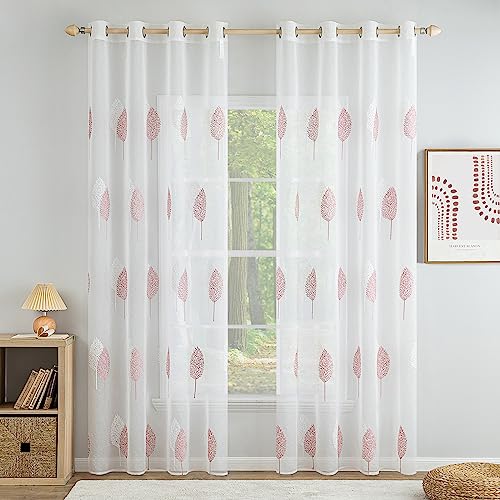 MIULEE Gardinen Transparent mit Rosa und Weiß Blätter Muster, Ösen Gardinen 145 cm Hoch, Modern Gardinen Wohnzimmer 2er Set, Stickerei Fenster Ösenvorhang Kurze, Schlafzimmer Gardinen von MIULEE