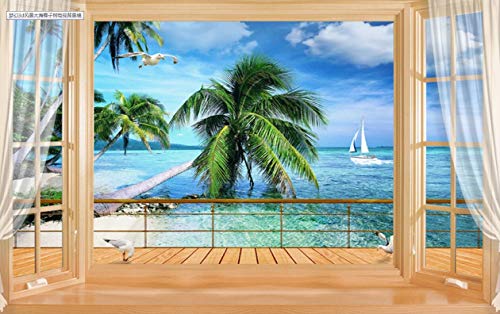 Fototapete 3D Tapete Kinderzimmer Deko Balkon Fenster Strand Kokosnussbaum Landschaft Im Tapeten Vliestapete Wandbilder Schlafzimmer Wanddeko Wohnzimmer Wandgemälde von MIWEI Wallpaper