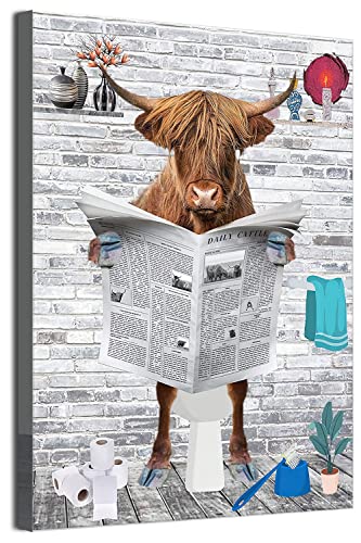 MKHFUW Lustige Badezimmer Wandkunst, Lustige Tiere Lesen Zeitungen in der Toilette Leinwand Poster für Toilette Badezimmer Tiere Kunstwerk, Rahmenlos (Hochlandrinder,30 x 40 cm) von MKHFUW