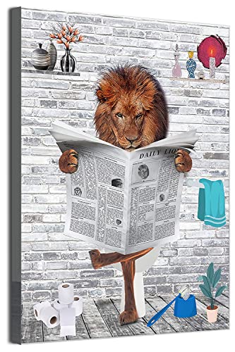 MKHFUW Lustige Badezimmer Wandkunst, Lustige Tiere Lesen Zeitungen in der Toilette Leinwand Poster für Toilette Badezimmer Tiere Kunstwerk, Rahmenlos (Löwe,50 x 70 cm) von MKHFUW