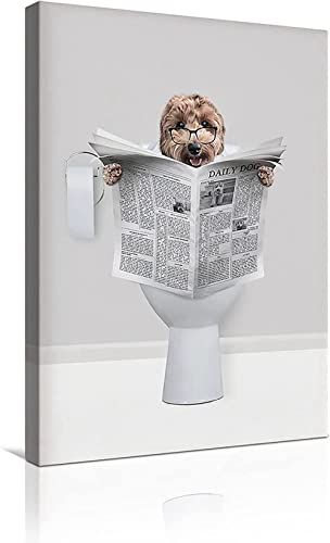 MKHFUW Moderne Leinwand Wandkunst Lustige Tiere, Die auf der Toilette Sitzen, Zeitungsbilder Lesen Badezimmer Schlafzimmer Poster, Rahmenlos (Hund,30 x 40 cm) von MKHFUW