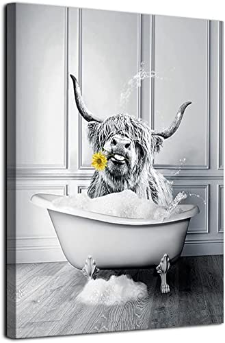 MKHFUW Schottische Hochland Kuh Wandkunst Schwarz-Weiß Leinwandbild Cottage Badezimmer Dekorative Kuh Wandbild in Badewanne,Rahmenlos (Baderinder,20 x 30 cm)… von MKHFUW
