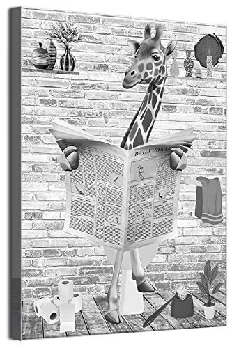 MKHFUW Zeitung Tier Toilette Tier Leinwand Poster Kunstdruck,Lustige Badezimmer Schwarz und Weiß Wandkunst, Rahmenlos (Giraffe,20 x 30 cm) von MKHFUW