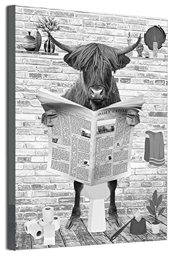 MKHFUW Zeitung Tier Toilette Tier Leinwand Poster Kunstdruck,Lustige Badezimmer Schwarz und Weiß Wandkunst, Rahmenlos (Hochlandrinder,30 x 40 cm) von MKHFUW