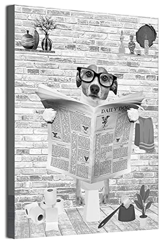 MKHFUW Zeitung Tier Toilette Tier Leinwand Poster Kunstdruck,Lustige Badezimmer Schwarz und Weiß Wandkunst, Rahmenlos (Hund,30 x 40 cm) von MKHFUW