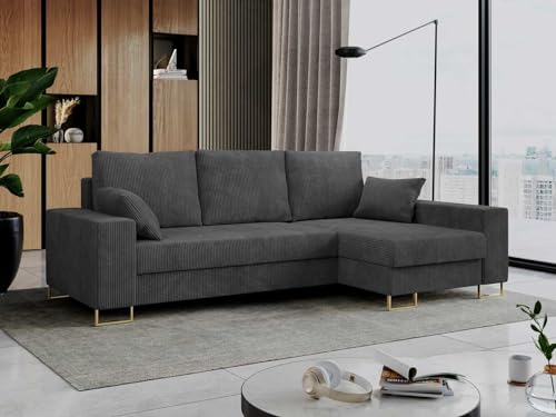 MKS MEBLE Ecksofa - L-Form Sofa mit Schlaffunktion - Wohnlandschaft L Form, Ecksofa mit Schlaffunktion und Bettkasten, Schlafsofa mit Bettkasten, Couch mit Schlaffunktion - Dunkelgrau Dorian von MKS MEBLE