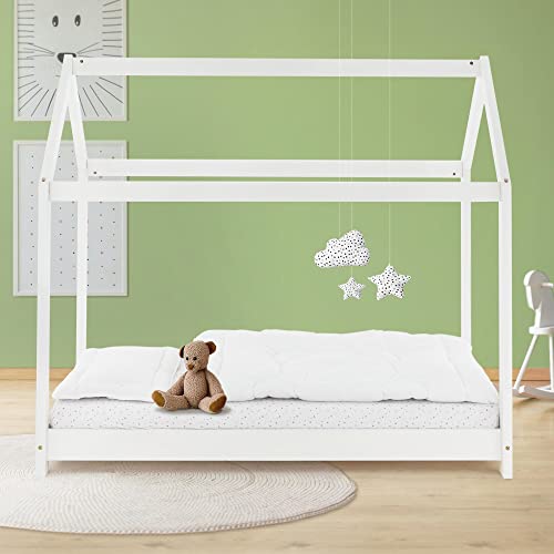 ML-Design Kinderbett 80x160 cm mit Dach und Lattenrost, Weiß, Hausbett für Mädchen und Jungen, Kinderhaus aus massivem Kiefernholz, Stabiles Jugendbett, Massivholz Kinder Bett, Bettenhaus Spielbett von ML DESIGN modern living