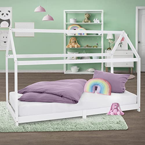 ML-Design Kinderbett 90 x 200 cm mit Dach und Lattenrost, Weiß, Hausbett für Mädchen und Jungen, Kinderhaus aus massivem Kiefernholz, Stabiles Jugendbett, Massivholz Kinder Bett, Bettenhaus Spielbett von ML DESIGN modern living