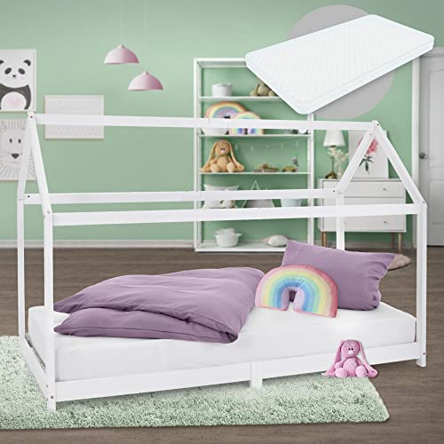 ML-Design Kinderbett 90x200 cm Weiß mit Matratze H:16 cm, Dach & Lattenrost, Hausbett für Mädchen/Jungen, Kinderhaus aus Kiefernholz, Stabiles Jugendbett, Massivholz Kinder Bett, Bettenhaus Spielbett von ML DESIGN modern living