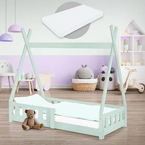 ML-Design Kinderbett Tipi 70x140 cm Mint mit Matratze, Rausfallschutz und Lattenrost, aus Kiefernholz, Indianer Bett Massivholz für Mädchen & Jungen, Hausbett mit Zaun, Jugendbett Spielbett Holzbett von ML DESIGN modern living