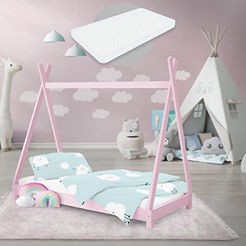 ML-Design Kinderbett Tipi 70x140 cm Rosa mit Matratze & Lattenrost, Indianer Bett aus Massivholz, Kiefernholz, Hausbett für Mädchen & Jungen, Kinderhaus Jugendbett Holzbett Bettenhaus Spielbett Zelt von ML DESIGN modern living