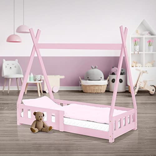 ML-Design Kinderbett Tipi 70x140 cm Rosa mit Rausfallschutz und Lattenrost, aus Kiefernholz, Indianer Bett aus Massivholz für Mädchen, Hausbett mit Zaun, Kinderhaus Holzbett Jugendbett Spielbett Zelt von ML DESIGN modern living