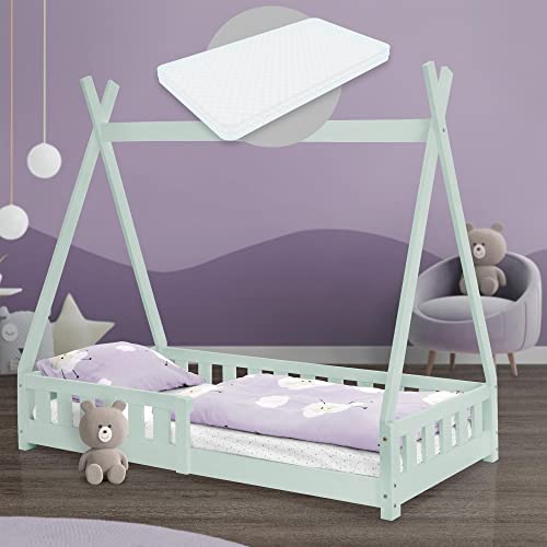 ML-Design Kinderbett Tipi 80x160 cm Mint mit Matratze, Rausfallschutz und Lattenrost, aus Kiefernholz, Indianer Bett Massivholz für Mädchen & Jungen, Hausbett mit Zaun, Jugendbett Spielbett Holzbett von ML DESIGN modern living