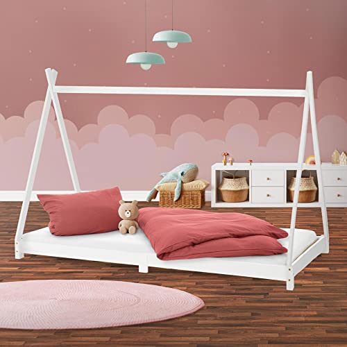 ML-Design Kinderbett Tipi 90 x 200 cm mit Lattenrost, Weiß, Kiefernholz, Indianer Bett aus Massivholz, Hausbett für Mädchen und Jungen, Kinderhaus Jugendbett Holzbett Bettenhaus Spielbett Zelt Holz von ML DESIGN modern living