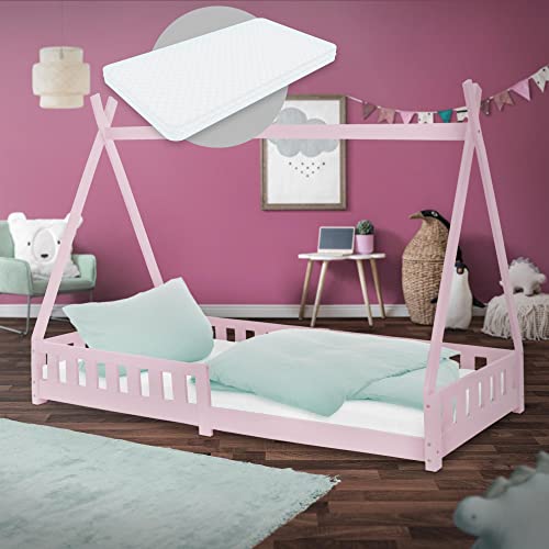 ML-Design Kinderbett Tipi 90x200 cm Rosa mit Matratze H:16cm, Rausfallschutz & Lattenrost, Kiefernholz, Indianer Bett Massivholz für Mädchen & Jungen, Hausbett mit Zaun, Jugendbett Spielbett Holzbett von ML DESIGN modern living