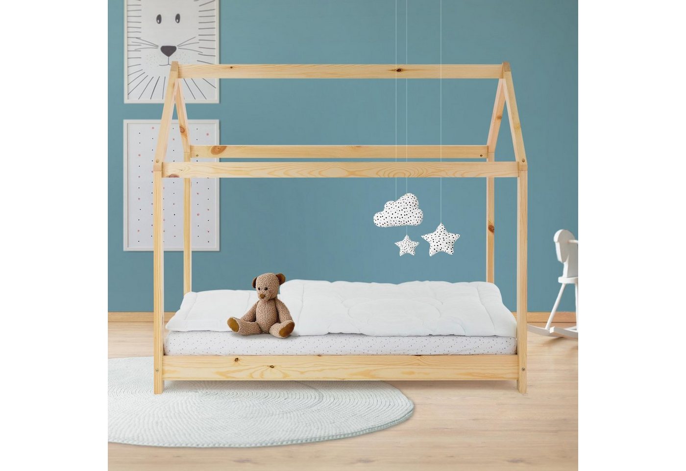 ML-DESIGN Kinderbett Hausbett mit Dach und Lattenrost aus massivem Kiefernholz, Bett 70x140 cm Natur stabiles Spielbett aus Kiefernholz von ML-DESIGN