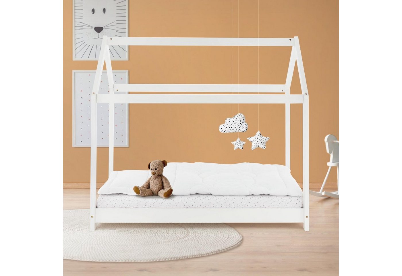 ML-DESIGN Kinderbett Hausbett mit Dach und Lattenrost aus massivem Kiefernholz, Bett 70x140 cm Weiß stabiles Spielbett aus Kiefernholz von ML-DESIGN