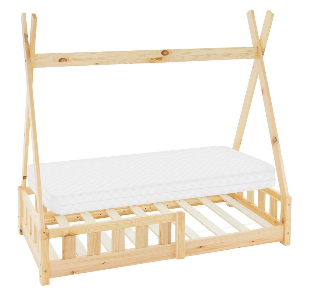 ML-DESIGN Kinderbett Hausbett mit Rausfallschutz und Lattenrost Massivholz, Bett 70x140 cm Natur mit Matratze 10m Kiefernholz mit Zaun von ML-DESIGN