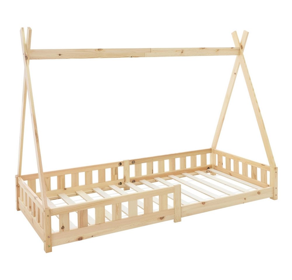 ML-DESIGN Kinderbett Hausbett mit Rausfallschutz und Lattenrost Massivholz, Bett 90x200 Natur aus Kiefernholz Spielbett Zelt mit Zaun von ML-DESIGN