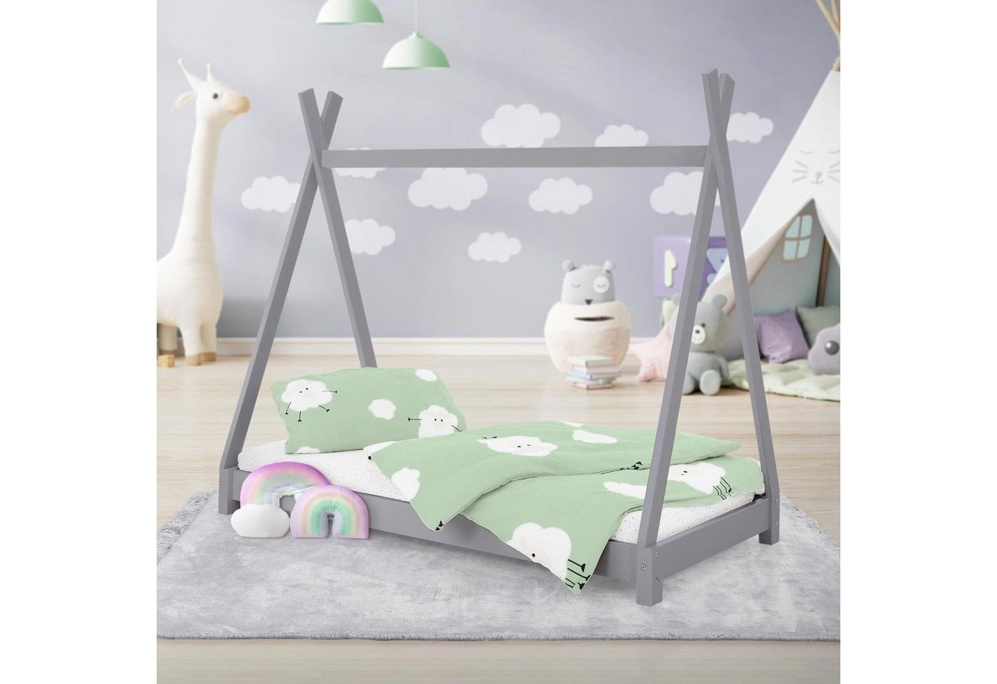 ML-DESIGN Kinderbett Kinderhaus mit Lattenrost aus Massivholz für Mädchen und Jungen, Hausbett 70x140 cm Hellgrau aus Kiefernholz Jugendbett Bettenhaus von ML-DESIGN