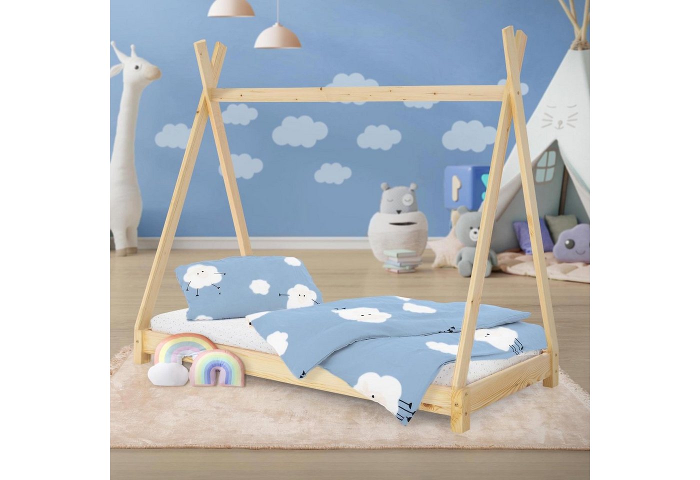 ML-DESIGN Kinderbett Kinderhaus mit Lattenrost aus Massivholz für Mädchen und Jungen, Hausbett 80x160 cm Natur aus Kiefernholz Jugendbett Bettenhaus von ML-DESIGN