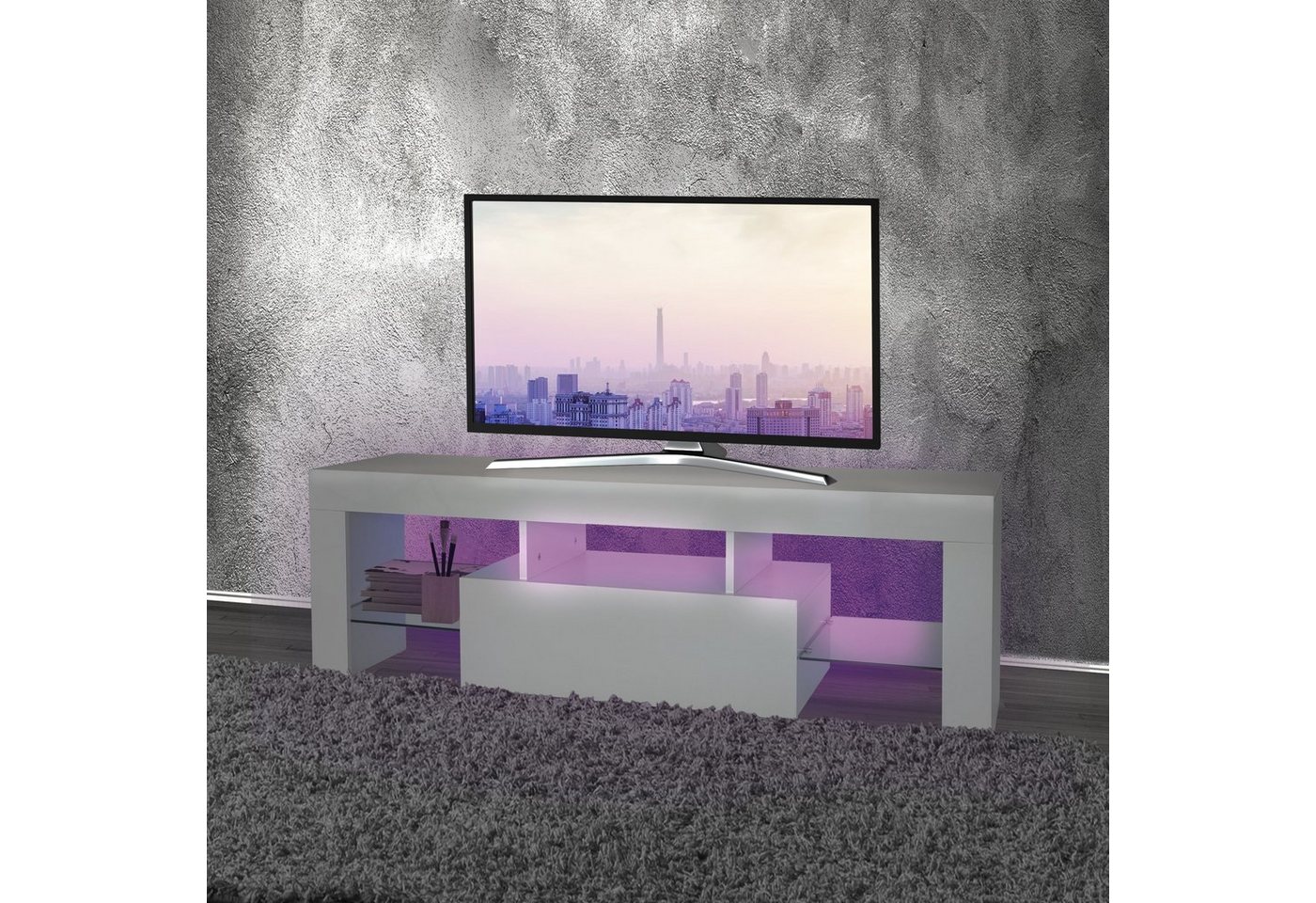 ML-DESIGN Lowboard TV Lowboard Fernsehtisch Fernsehschrank TV-Möbel TV-Schrank TV-Regal, Holz mit LED-Beleuchtung Glasregal Modern 130x49x45cm Weiß von ML-DESIGN