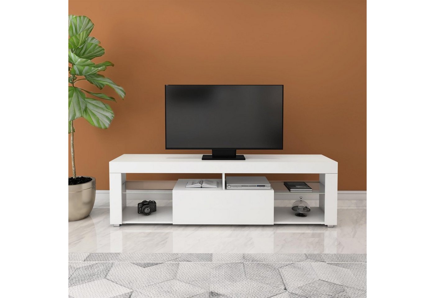 ML-DESIGN Lowboard TV Lowboard aus Holz mit Stauraum, 2 Klapptüren und 2 offenen Fächern, TV Lowboard 140x51x35 cm Weiß Fernsehschrank TV-Schrank Sideboard von ML-DESIGN