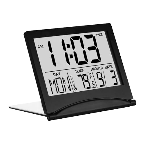 MMOBIEL Digitaler Uhr LCD Reisewecker Klappbar – Tischuhr Digital - Uhr mit Temperatur- und Datumsanzeige - Wecker Digital - Digitaler Wecker für den Tisch – Tisch Uhr Batteriebetrieben – Schwarz von MMOBIEL