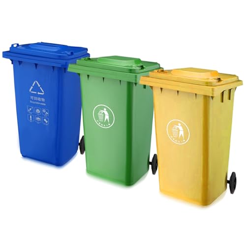 MMleYN Outdoor-Mülleimer 30/50/100l Mit Deckel/Rollen-rot/gelb/grün/schwarz Und Blaues Mülltonne, Für Büros/Hinterhaus/Zuhause, 3er-Pack (Color : Green+Yellow+Blue, Size : 50L) von MMleYN