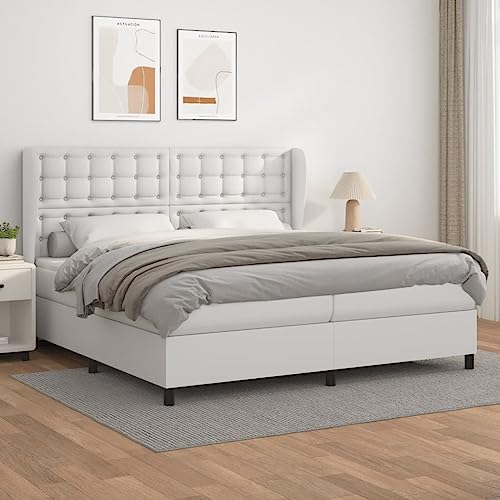 MNISDFL Bett kopfteil Bodenbett Schlafzimmer möbelEinzelbett Boxspringbett mit Matratze Weiß 200x200 cm Kunstleder von MNISDFL