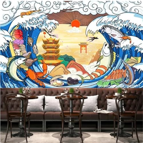 MOBYAT 3D-Tapete, handgemalte Ozeanwellen-Dekoration, Tapete, Sushi, Restaurant, Hintergrund, Wandbild, 3D, 430 x 300 cm von MOBYAT