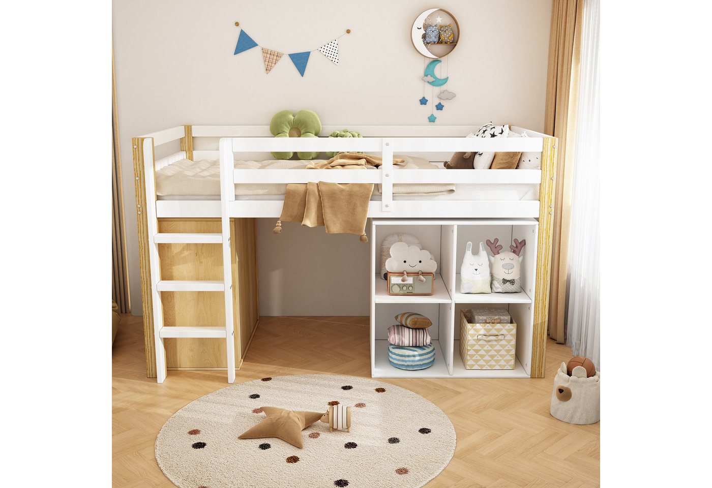 MODFU Etagenbett Hochbett Kinderbett (90*200cm), multifunktionales Kinderbett, mit Aufbewahrungsschrank und Leiter von MODFU