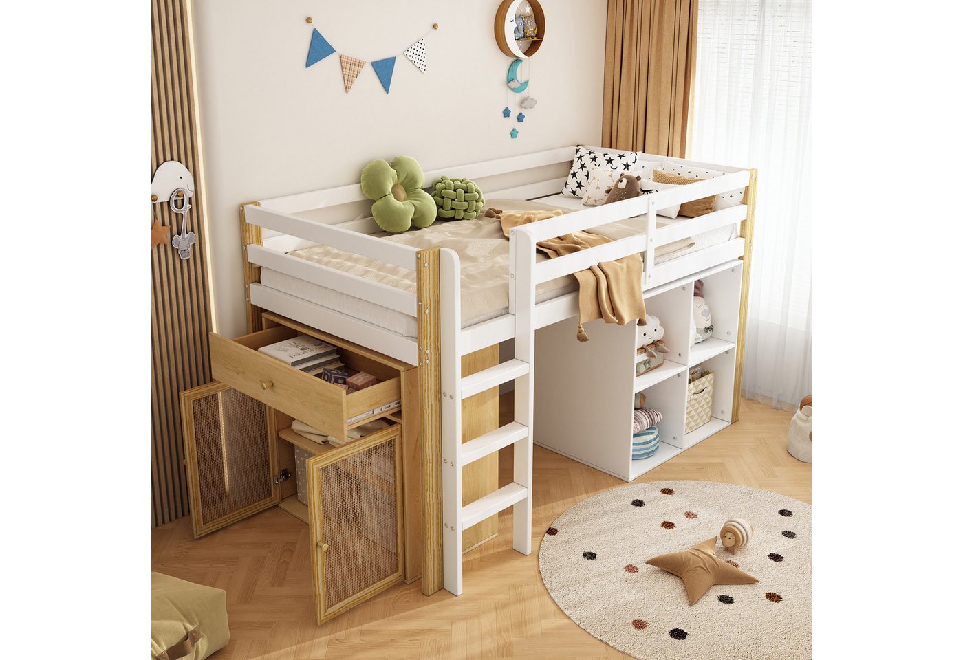 MODFU Etagenbett Hochbett Kinderbett (90*200cm), multifunktionales Kinderbett, mit Aufbewahrungsschrank und Leiter von MODFU