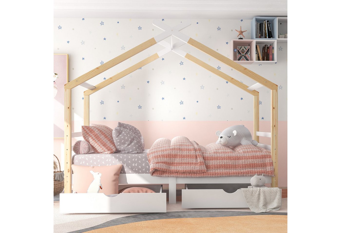 MODFU Etagenbett Kinder Bett Jugendbett Hausbett Kinderhaus Holzbett Massivholzbett (Hochbett für Kinder– 2x Lattenrost- Natur & Weiß, mit Leiter 90 x 200 cm), Ideal für eine Familie mit zwei Kindern von MODFU