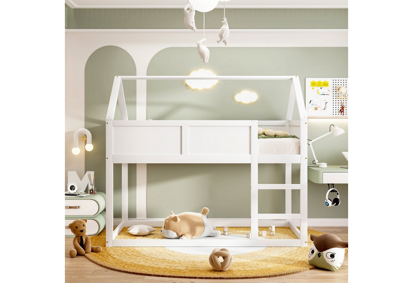 MODFU Etagenbett Kinderbett, niedriges Etagen-Einzelbett, Hochbett mit Treppe (90x200 cm), ohne Matratze von MODFU