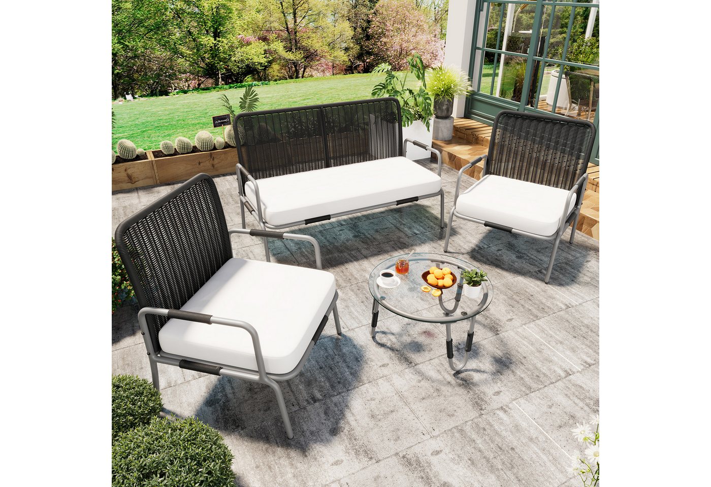 MODFU Gartenlounge-Set für 4 Personen mit Eisenrahmen, (4-tlg., 2-Sitzer, 2 Sessel, 1 Couchtisch), Poly Rattan Sitzgruppe mit abnehmbarer und waschbarer Stoffbezug von MODFU