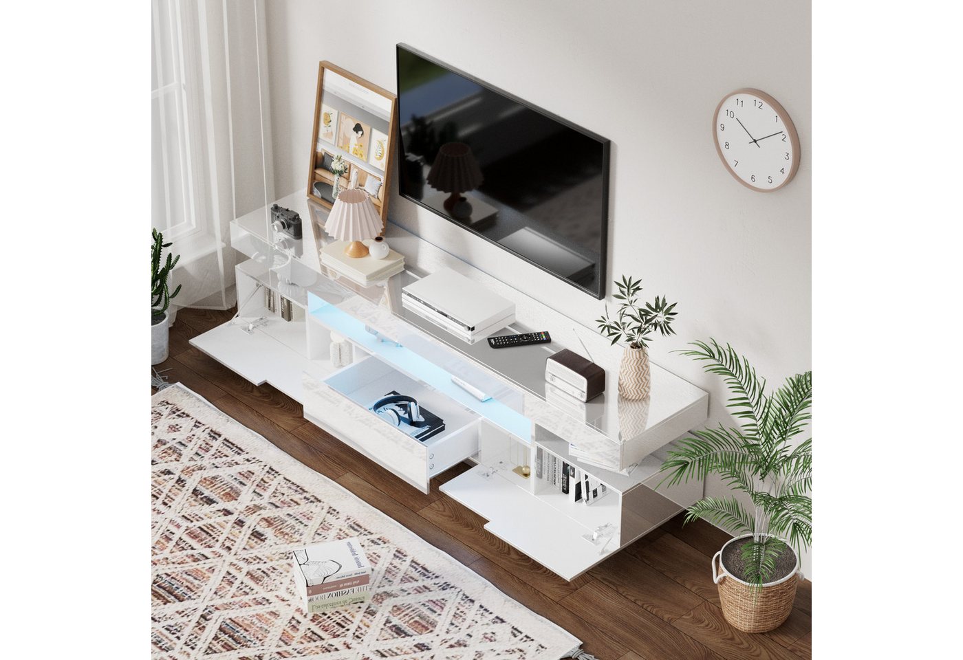 MODFU Lowboard Fernsehtisch (großer Stauraum, TV-Schrank mit farbwechselnder LED-Lichtleiste), mit Schublade und Klapptüren, 160*42*35cm von MODFU