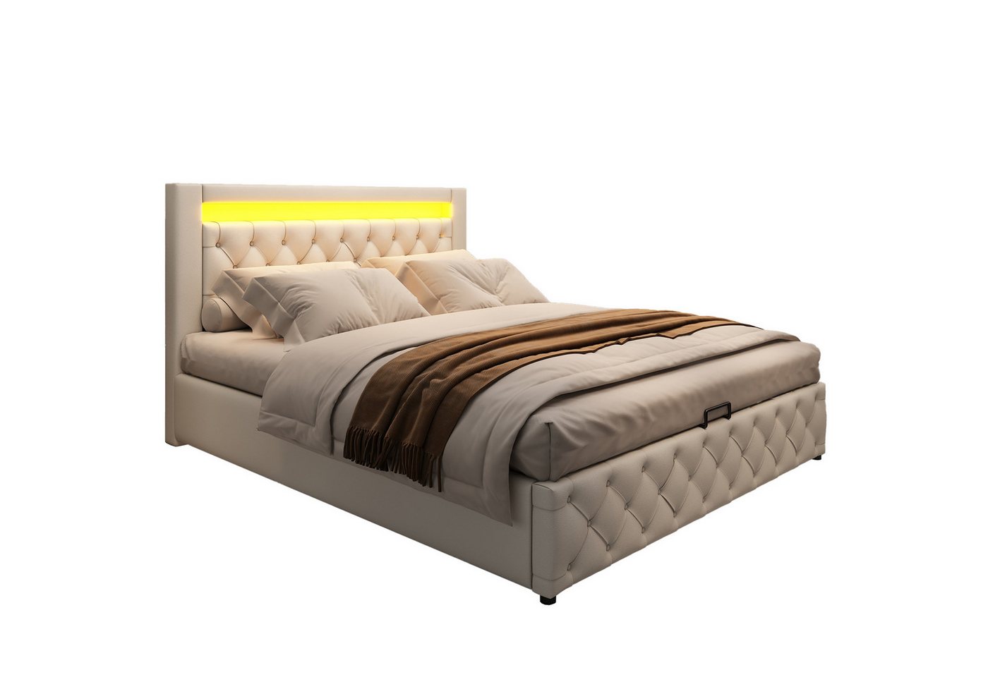 MODFU Polsterbett Doppelbett (160x200cm ohne Matratz), Funktionsbett mit Lattenrost und Stauraum, Mit LED-Beleuchtung von MODFU