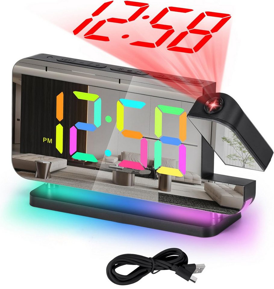 MODFU Projektionswecker Digital Wecker Digitalwecker 11 RGB Projektion LED Alarm Spiegeluhr 7,4” Digitaluhr bunt Dimmbar 180 ° 12/24H 2 USB-Anschluss ohne Akku von MODFU