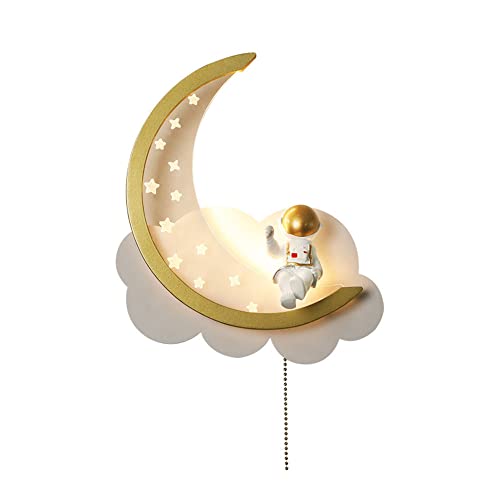 MOLOURK LED Kinderzimmer Wandleuchte Dimmbar Stern und Mond Kinderzimmerlampe Moderne Astronauten Akku Wandlampe Mit Schnurzugschalter Junge Mädchen Schlafzimmer Nachttischlampe (Akku) von MOLOURK