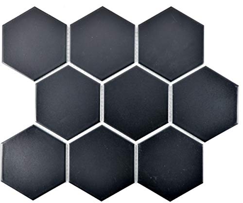 Hexagonale Sechseck Mosaik Fliese Keramik XL schwarz matt Küche Fliese WC Badfliese Spritzschutz Fliesenspiegel - MOS11F-0311 von MOSANI