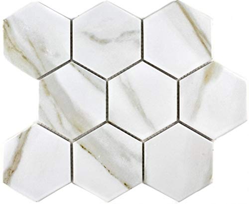 Hexagonale Sechseck Mosaik Fliese Keramik weiß grau XL Calacatta Wandfliesen Badfliese Fliesenspiegel Küche - MOS11F-0112 von MOSANI