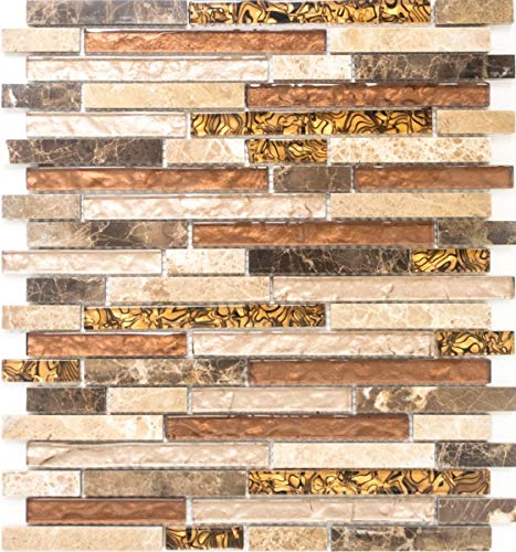 Glasmosaik Naturstein Stäbchen Glas Mosaik Mosaikfliesen beige creme braun Marmor Fliesenspiegel Küche Bad WC - MOS86-1302 von MOSANI