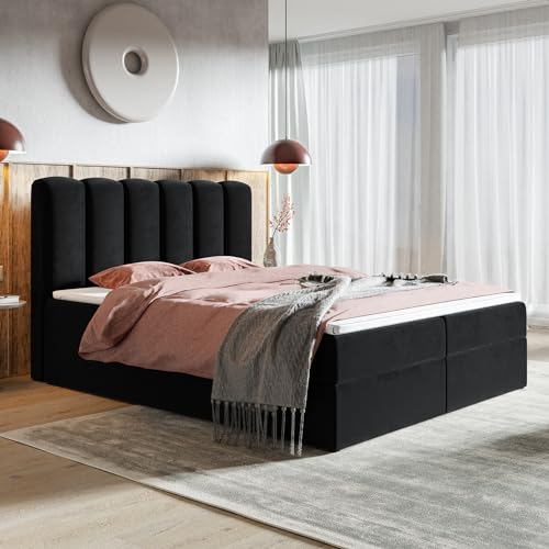 MOTIVENA Como Bubble Boxspringbett 180x200 mit Bettkasten, Bubble Polsterbett 180x200 mit Bettkasten, Taschenfederkern-Matratze (H3), Visco Memory-Foam Topper (H2), Samt, Schwarz von MOTIVENA