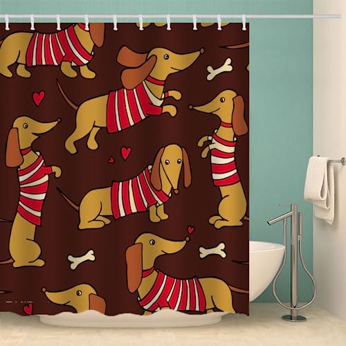 MOXINO Dackel Duschvorhang Anti-Schimmel 180x200 cm Polyester Stoff Textil Waschbar Badvorhang 3D Lustiger Hund Motiv Design Duschvorhänge Wasserdicht Badezimmer Vorhänge mit 12 Haken von MOXINO