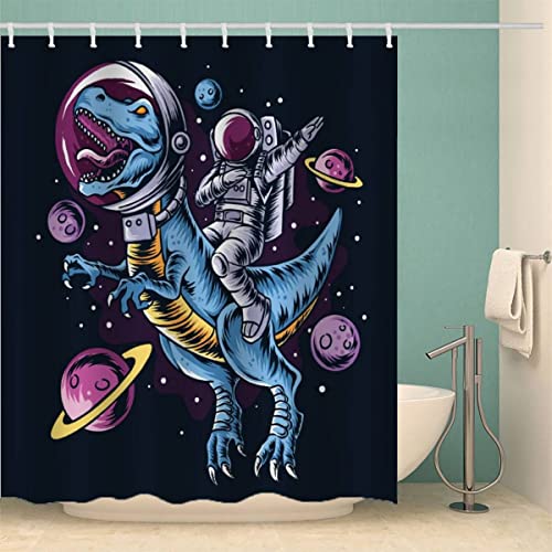 MOXINO Dinosaurier Duschvorhang Anti-Schimmel 120x180 cm Polyester Stoff Textil Waschbar Badvorhang 3D Astronaut Dino Motiv Design Shower Curtain Wasserdicht Badezimmer Vorhänge mit 12 Haken von MOXINO