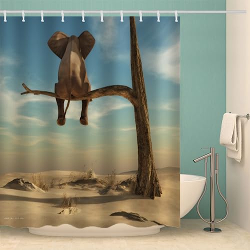 MOXINO Elefant Duschvorhang Anti-Schimmel 180x200 cm Polyester Stoff Textil Waschbar Badvorhang 3D Lustiger Elefant Motiv Design Shower Curtain Wasserdicht Badezimmer Vorhänge mit 12 Haken von MOXINO