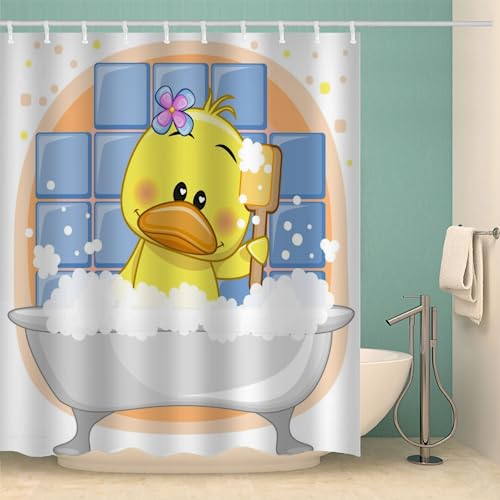 MOXINO Ente Duschvorhang Anti-Schimmel 120x180 cm Polyester Stoff Textil Waschbar Badvorhang 3D Kawaii Ente Motiv Design Duschvorhänge Wasserdicht Badezimmer Vorhänge mit 12 Haken von MOXINO