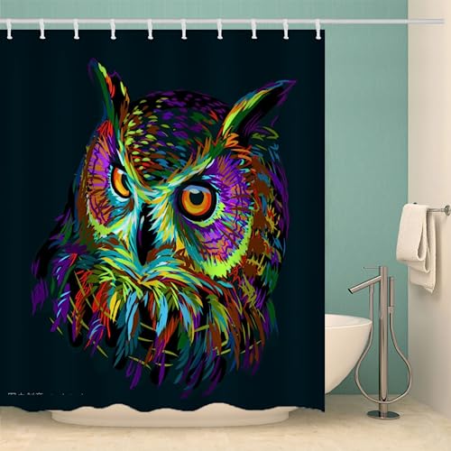 MOXINO Eule Duschvorhang Anti-Schimmel 180x200 cm Polyester Stoff Textil Waschbar Badewanne Badvorhang 3D Abstrakt Eule Shower Curtain Wasserdicht Badezimmer Vorhänge mit 12 Haken von MOXINO