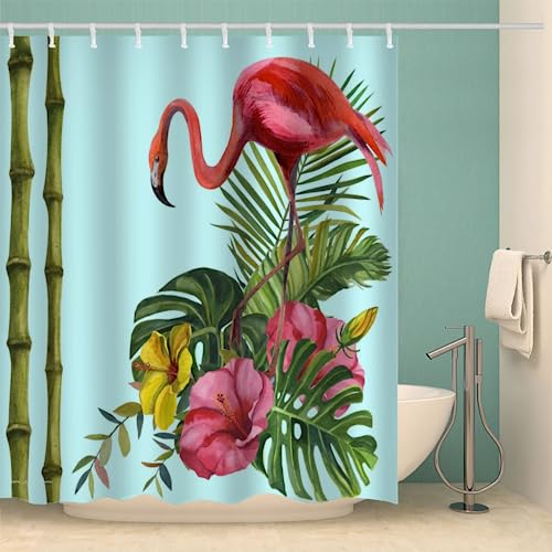 MOXINO Flamingo Duschvorhang Anti-Schimmel 180x200 cm Polyester Stoff Textil Waschbar Badewanne Badvorhang 3D Blumen Palmblätter Shower Curtain Wasserdicht Badezimmer Vorhänge mit 12 Haken von MOXINO